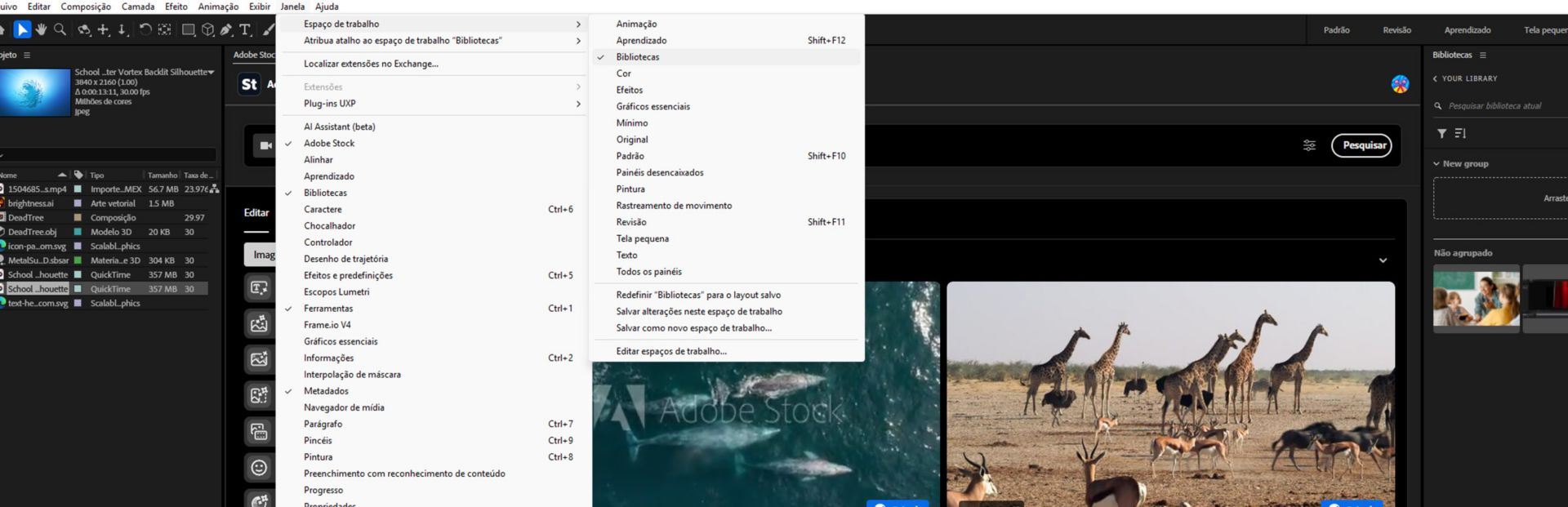 O submenu Espaço de Trabalho aberto no menu Janela, exibindo predefinições de layout de painéis com a opção Bibliotecas marcada como ativa.