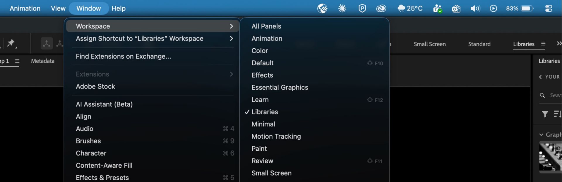 Sous-menu Workspace ouvert sous le menu Fenêtre, affichant les paramètres prédéfinis de disposition de panneau avec Bibliothèques coché comme actif.
