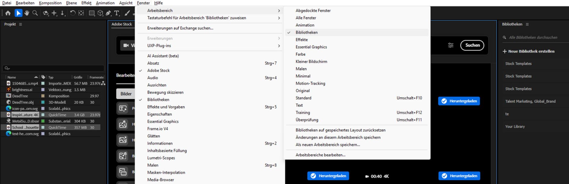 Das Untermenü „Arbeitsbereich“ im Menü „Fenster“ ist geöffnet und zeigt Voreinstellungen für das Layout der Arbeitsflächen an, wobei „Bibliotheken“ als aktiv markiert ist.