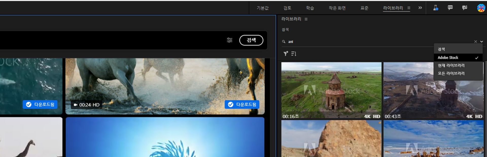 라이브러리 패널에서 Adobe Stock의 에셋 추가