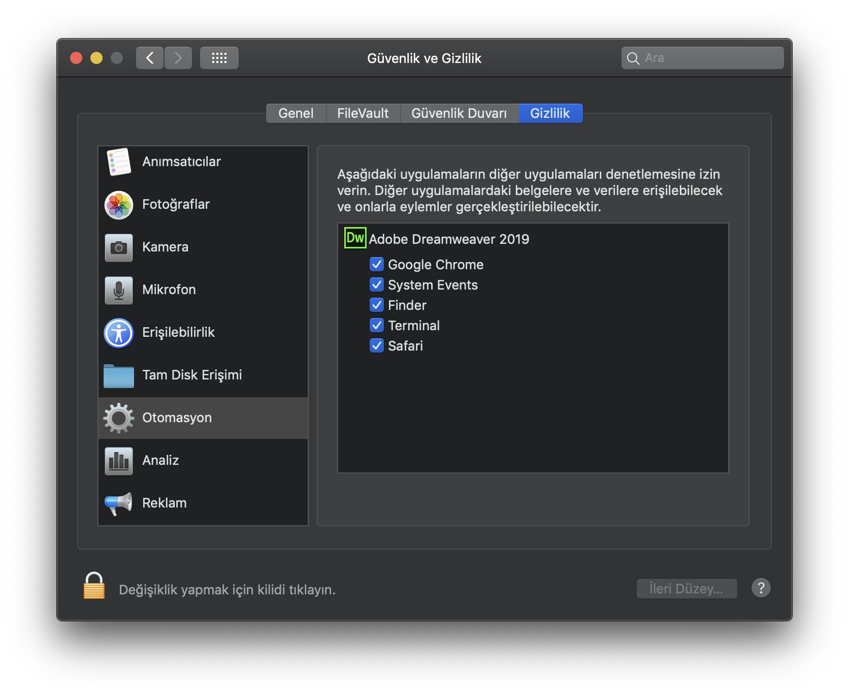 Uygulamalara erişmek için Güvenlik ve Gizlilik iletişim kutusu