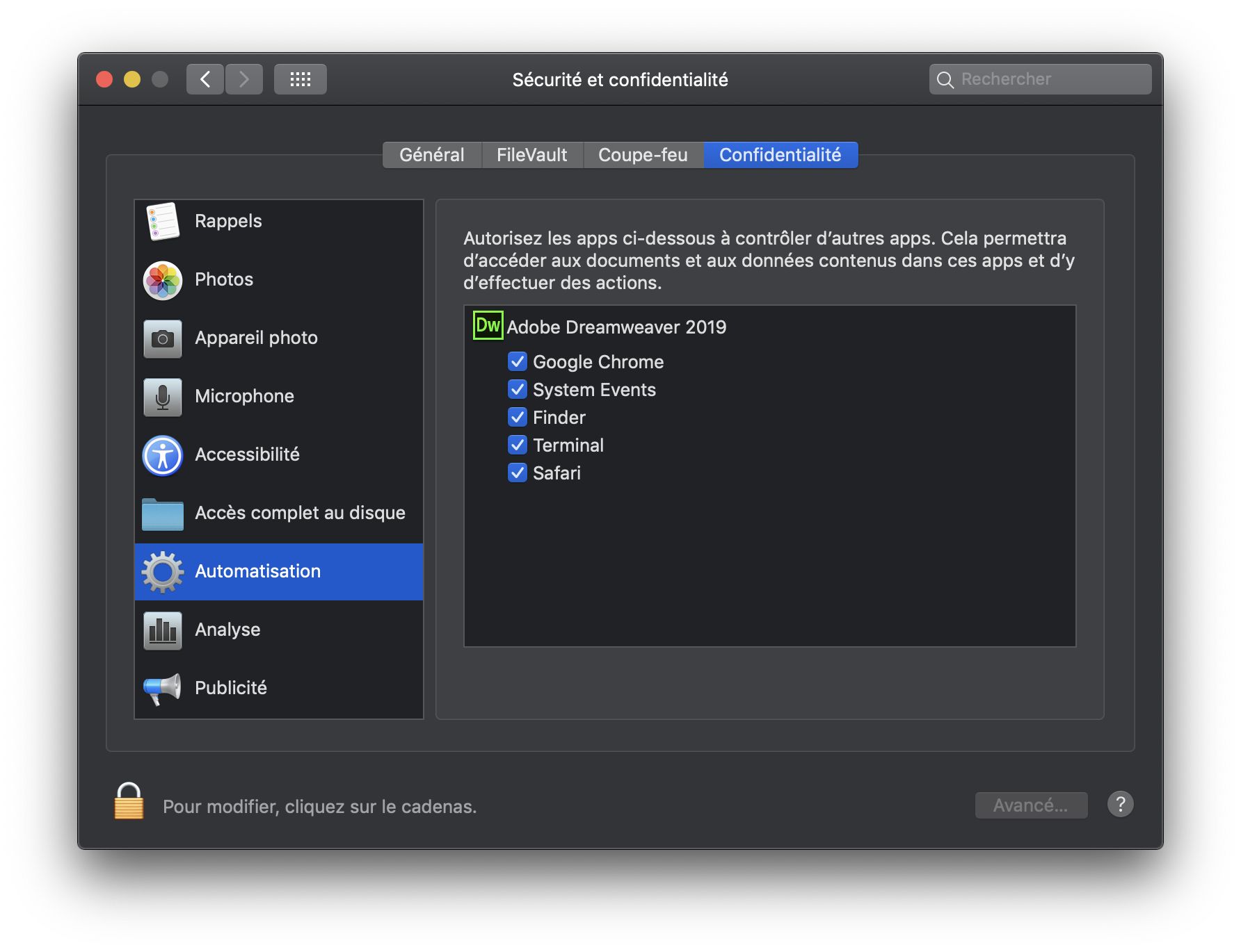Boîte de dialogue Sécurité et confidentialité pour autoriser l’accès aux applications
