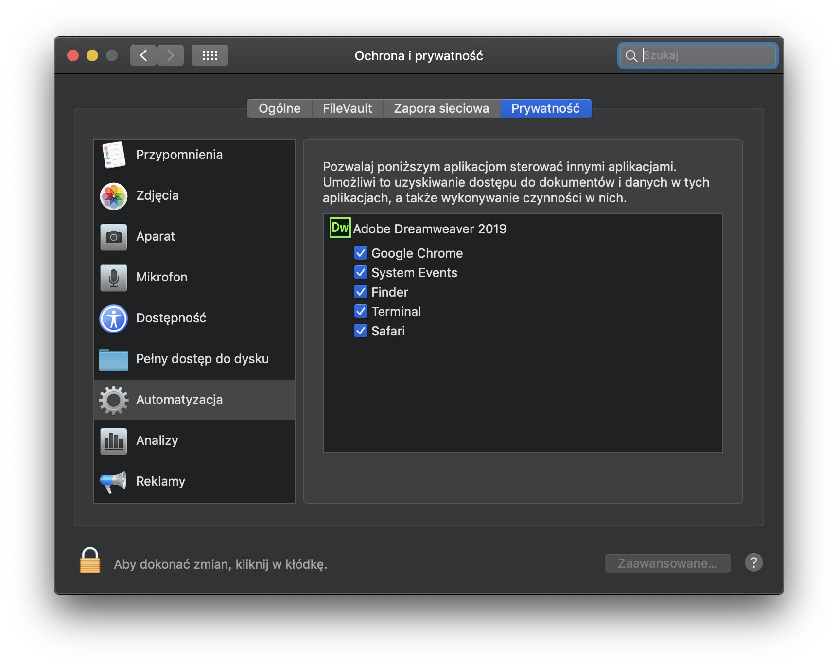 Zabezpieczenia i ochrona prywatności – Okno dialogowe dostępu do aplikacji