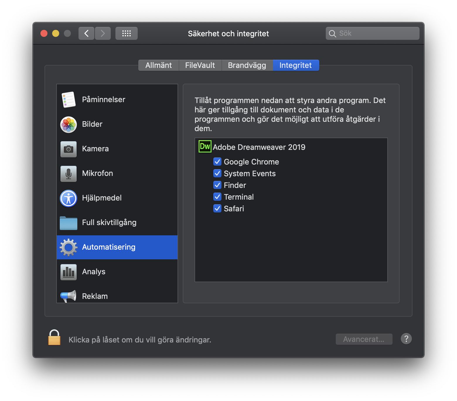 Dialogrutan Säkerhet och integritet för åtkomst till appar