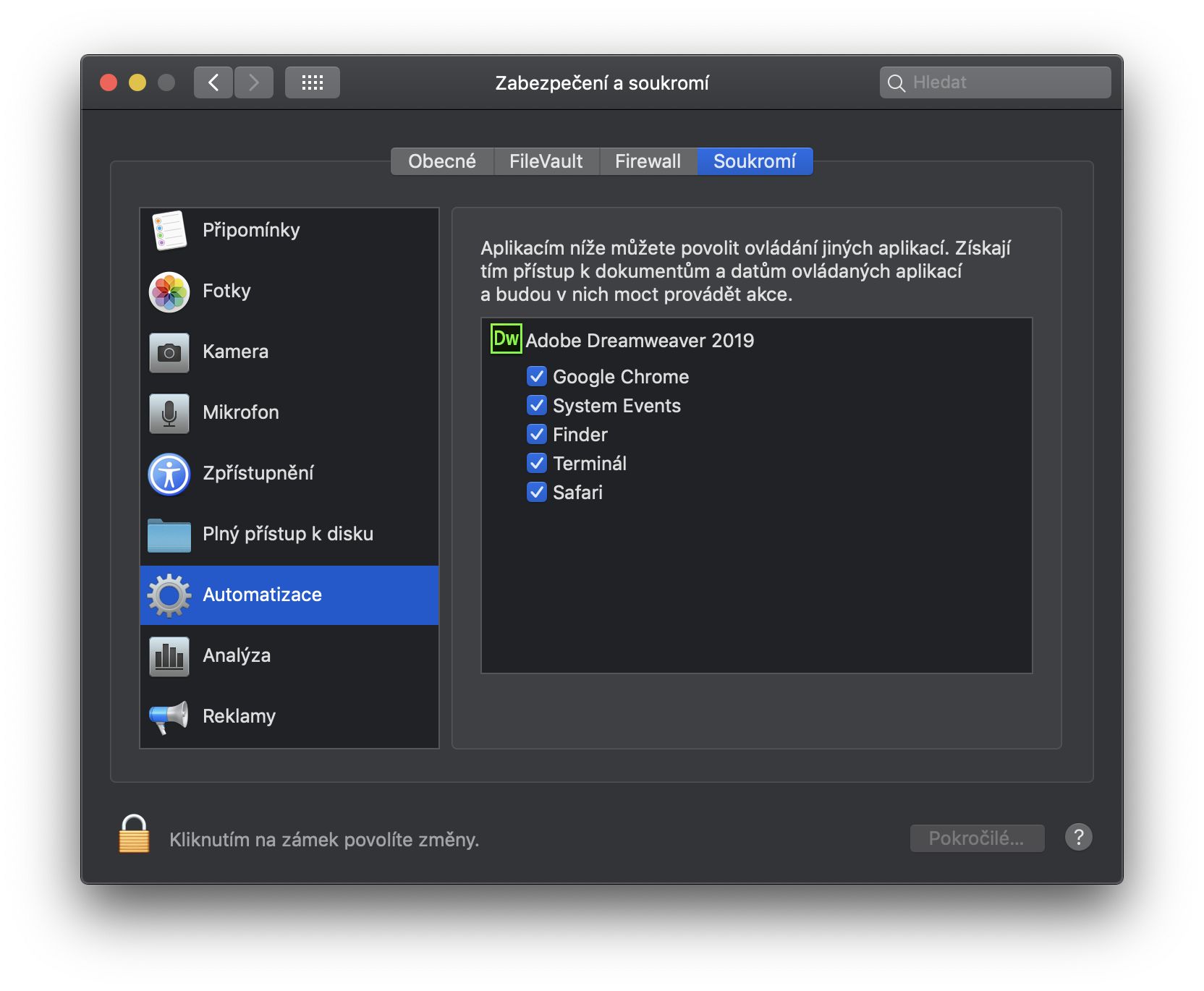 Nastavení v dialogovém okně Zabezpečení a soukromí umožňující přístup k aplikacím