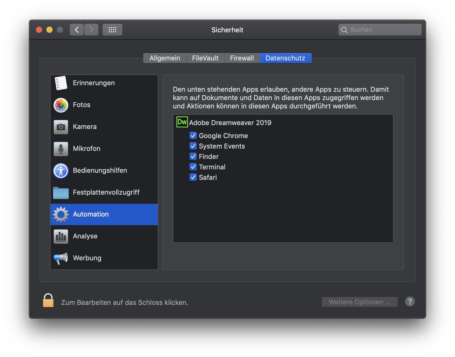 Dialogfeld „Sicherheit und Datenschutz“, um auf Apps zuzugreifen