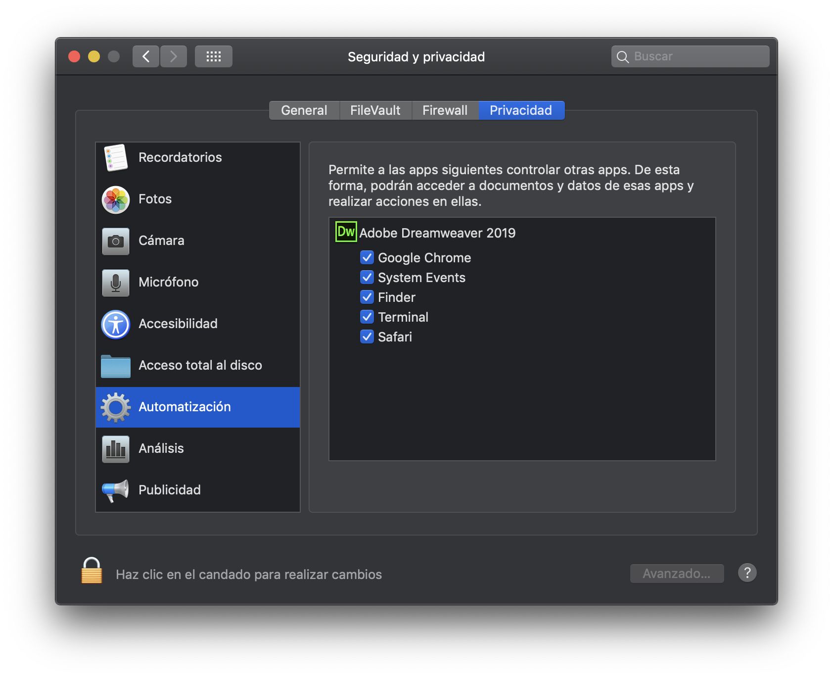 Cuadro de diálogo Seguridad y privacidad para acceder a aplicaciones