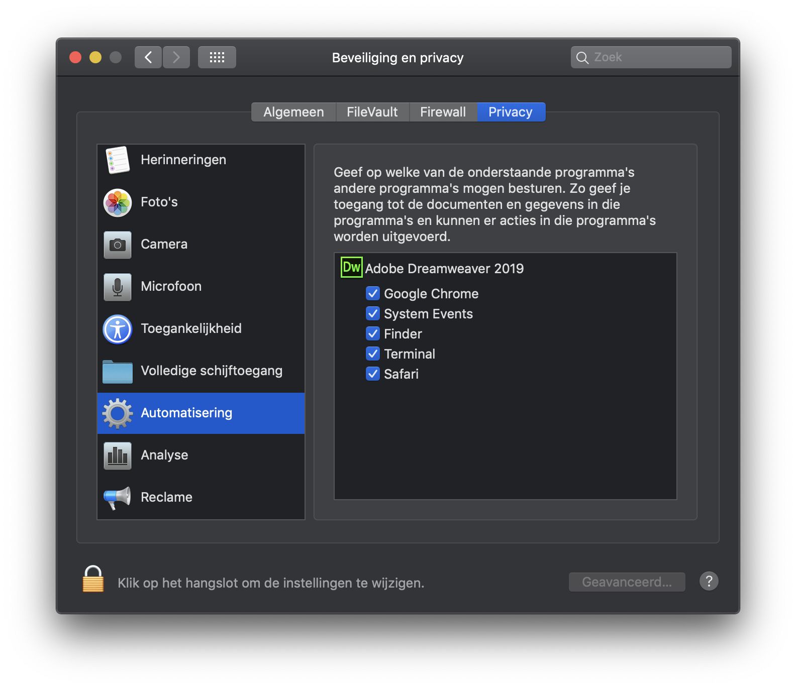Dialoogvenster Beveiliging en privacy voor toegang tot apps