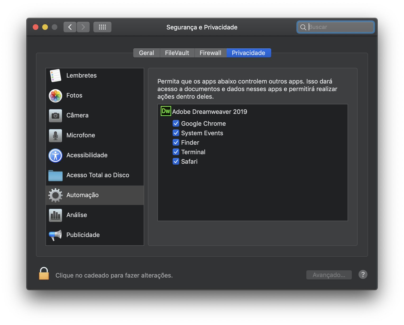 Caixa de diálogo de Segurança e privacidade para o acesso