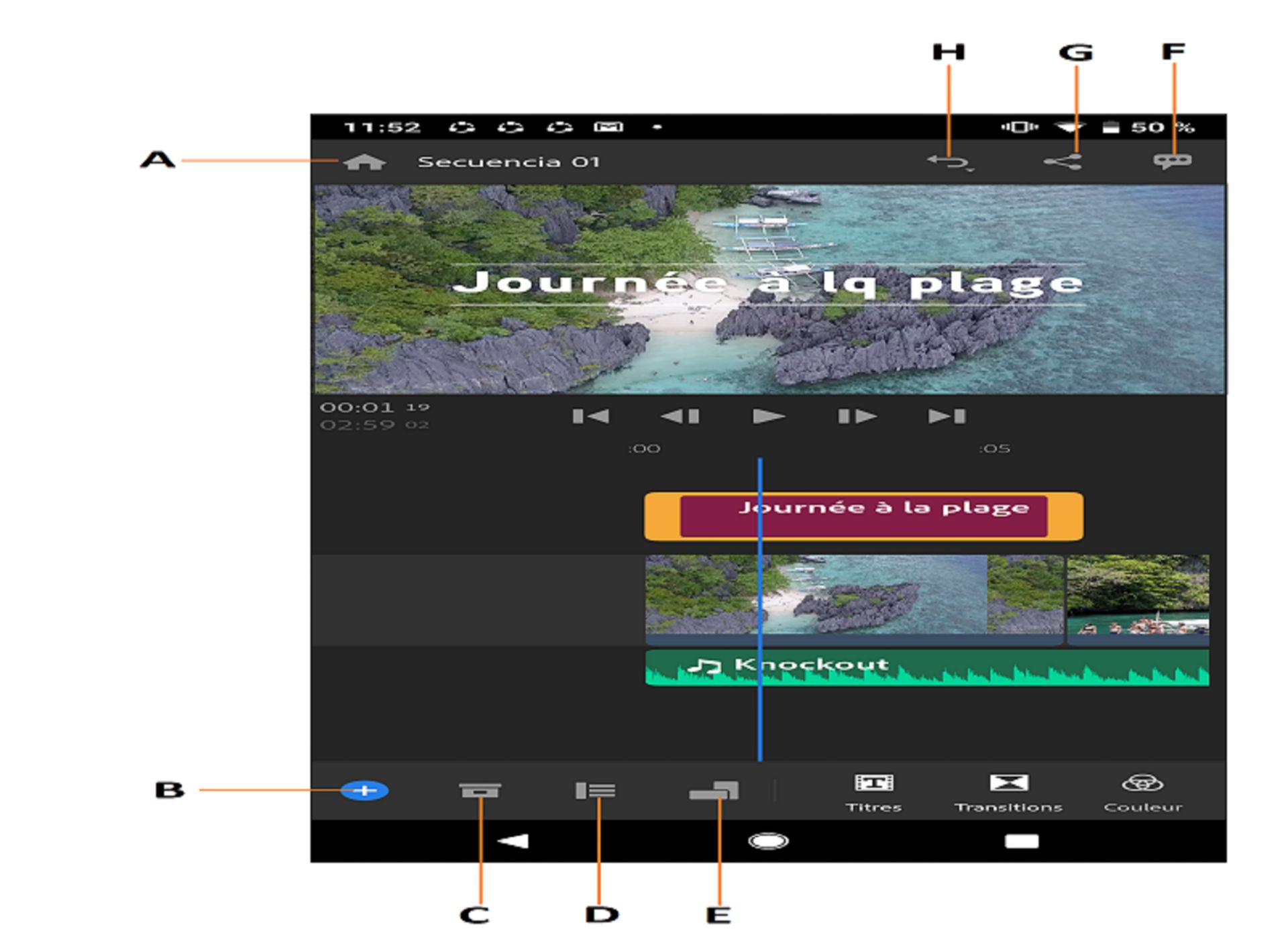 Espace de travail Modifier de Premiere Rush