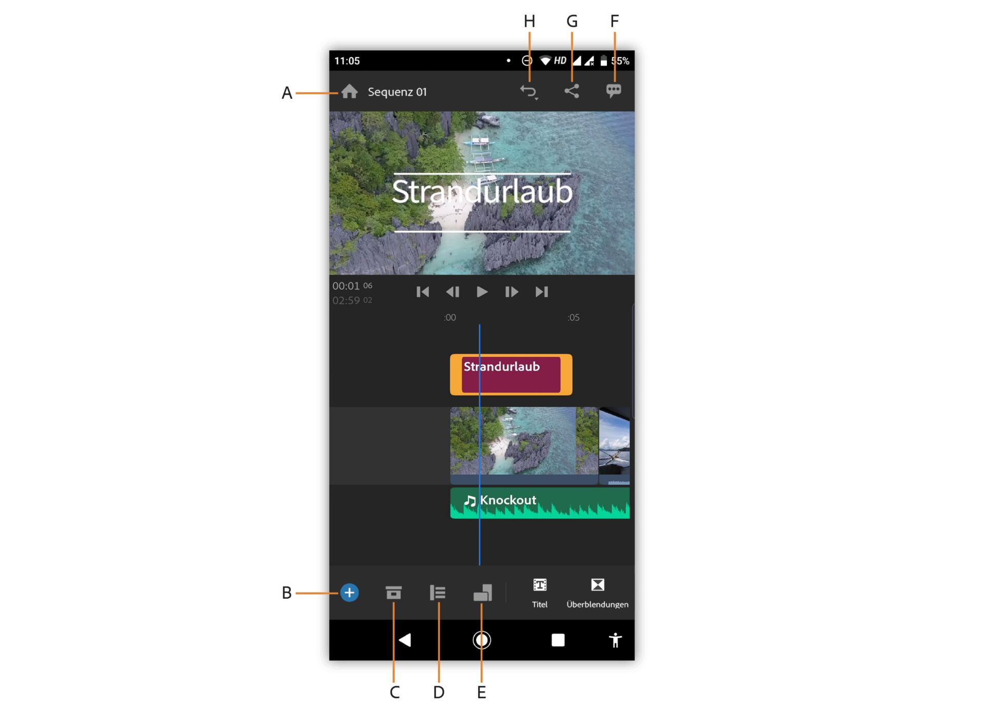 Premiere Rush-Arbeitsbereich „Bearbeiten“