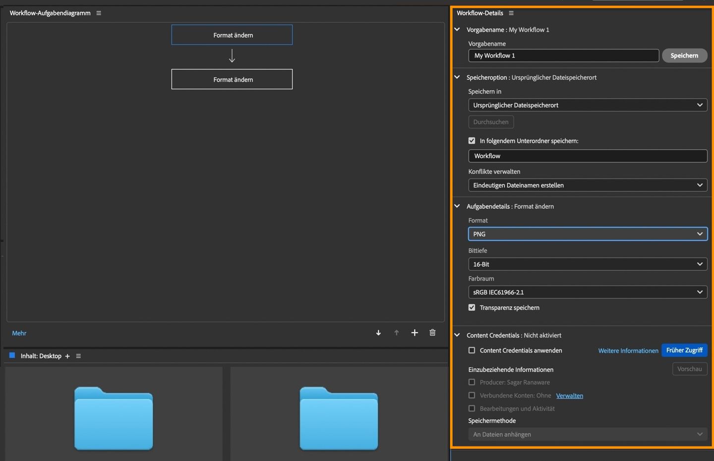 Der Abschnitt „Workflow-Details“ ist hervorgehoben und zeigt Optionen zum Hinzufügen von Voreinstellungsnamen, Speicheroptionen, Aufgabendetails und mehr an.