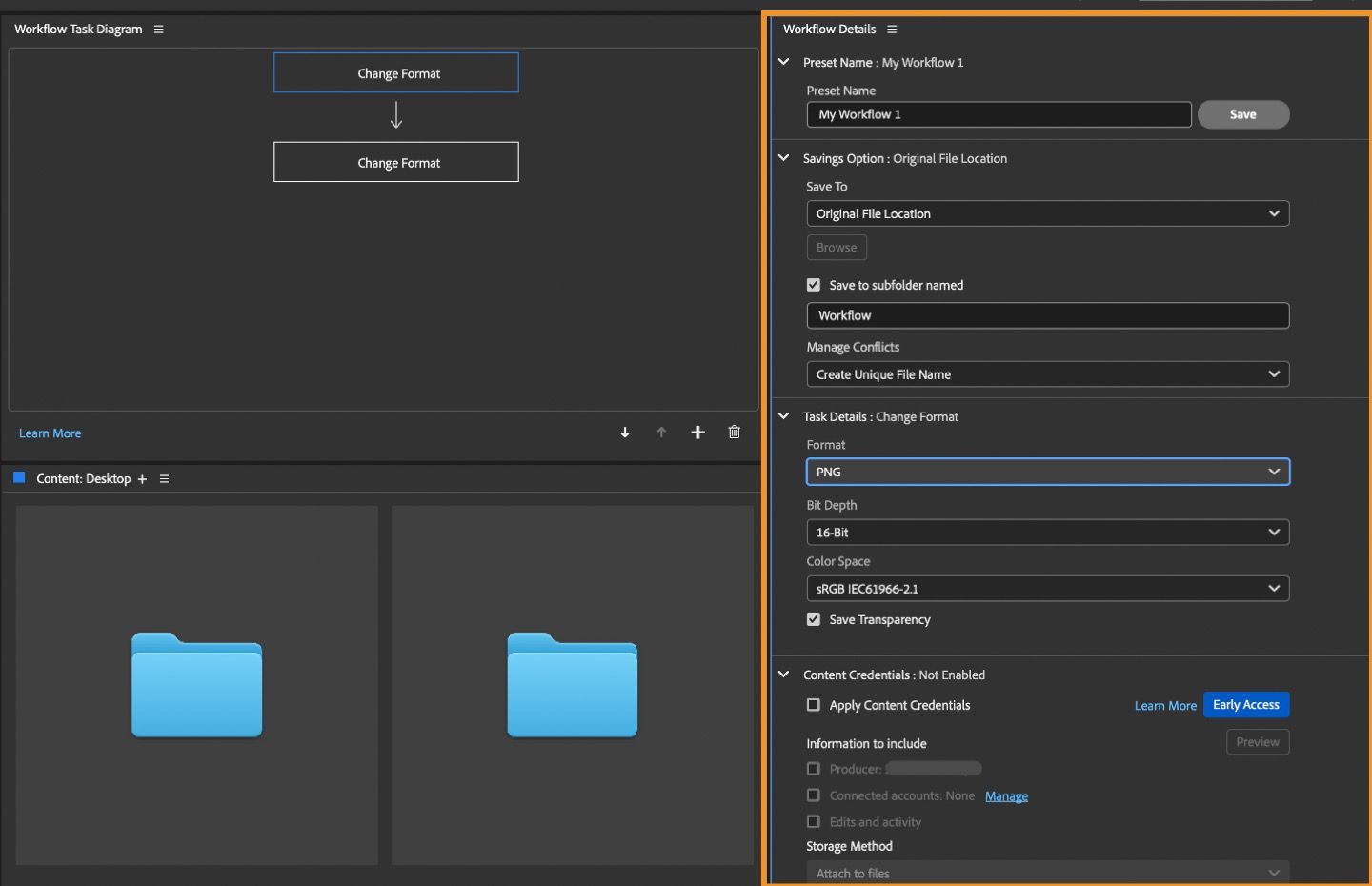 המקטע Workflow Details מודגש ומציג אפשרויות להוספת Preset Name,‏ Savings Option,‏ Task Details ועוד.