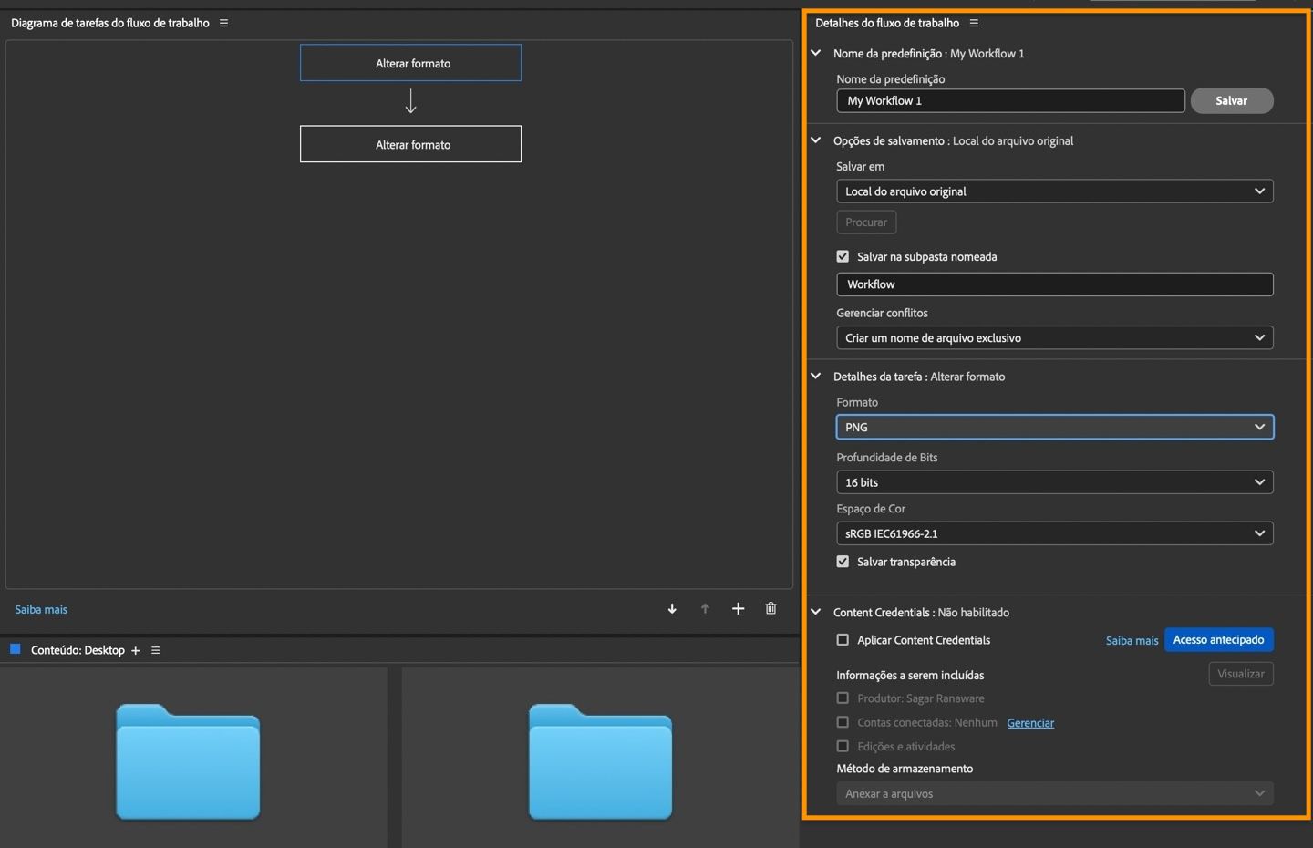 A seção Detalhes do fluxo de trabalho está destacada, mostrando opções para adicionar Nome da predefinição, Opção de salvamento, Detalhes da tarefa e muito mais.