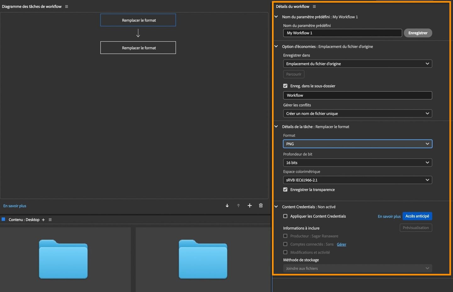 La section Détails du workflow est mise en surbrillance et présente des options permettant d’ajouter Nom du paramètre prédéfini, Option d’économies, Détails de la tâche, etc.