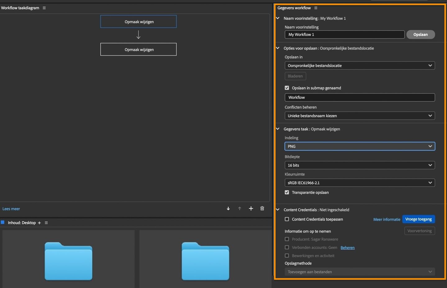 De sectie Workflowdetails is gemarkeerd en toont opties om voorinstellingsnaam, opslagoptie, taakdetails en meer toe te voegen.