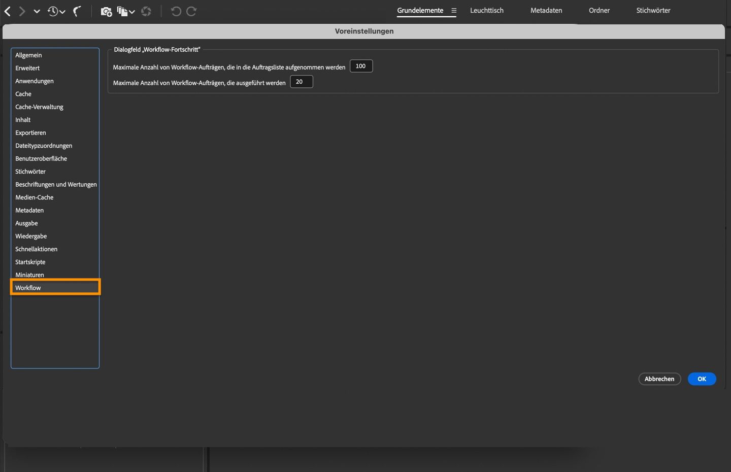 Es erscheint das Dialogfeld „Workflow-Voreinstellungen“, in dem du die maximale Anzahl der Workflow-Aufträge in der Auftragsliste und der laufenden Aufträge festlegen kannst.