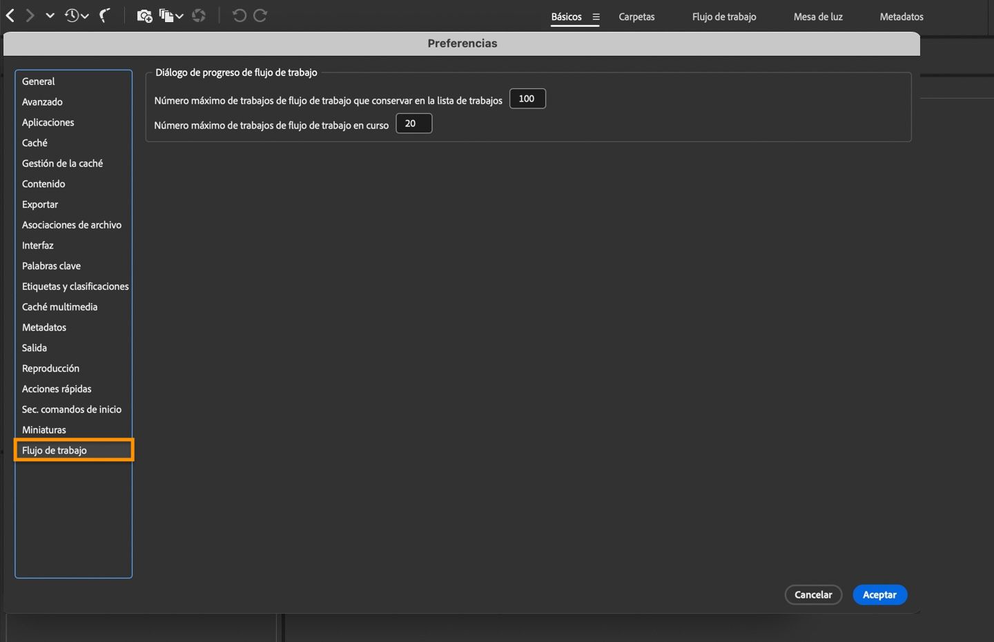La boîte de dialogue Préférences de workflow s’affiche et présente les options permettant de définir le nombre maximal de travaux de workflows dans la liste des travaux et en cours d’exécution.