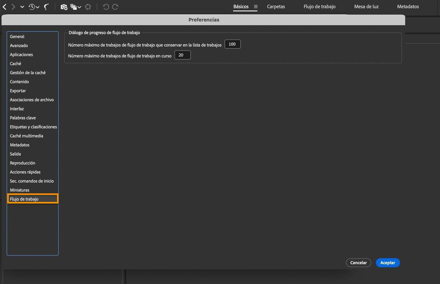 Se muestra el diálogo Preferencias de Workflow, con opciones para establecer el número máximo de trabajos de flujo de trabajo en la lista de trabajos y en curso