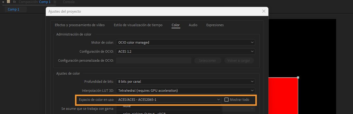 Se abre el cuadro de diálogo Configuración del proyecto y, en la sección Configuración del color, se abre el menú desplegable Espacio de color de trabajo y se selecciona un espacio de color.