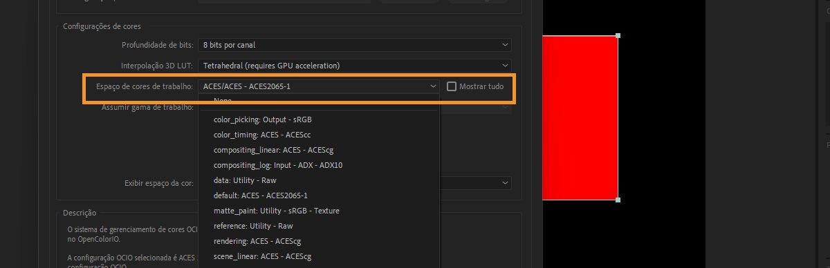 A caixa de diálogo Configurações do projeto e o menu suspenso Espaço de cor de trabalho abertos e um espaço de cor selecionado na seção Configurações de cores.