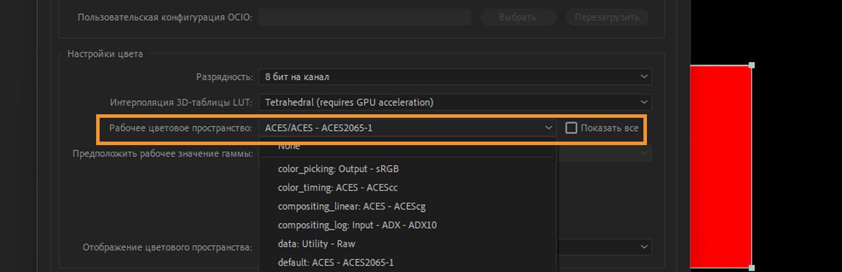 Открыто диалоговое окно «Настройки проекта», и в разделе «Настройка цветов» открыто раскрывающееся меню «Рабочее цветовое пространство» и выбрано цветовое пространство.