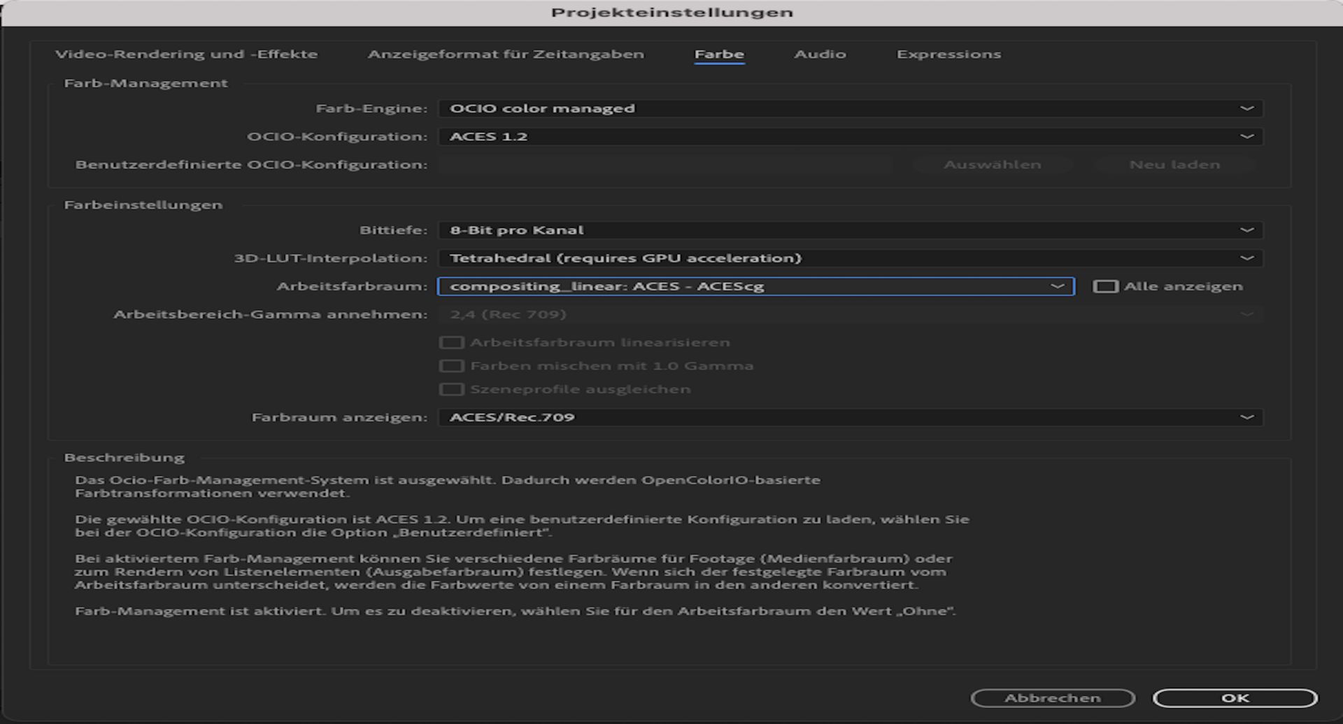 Arbeitsfarbraumoptionen