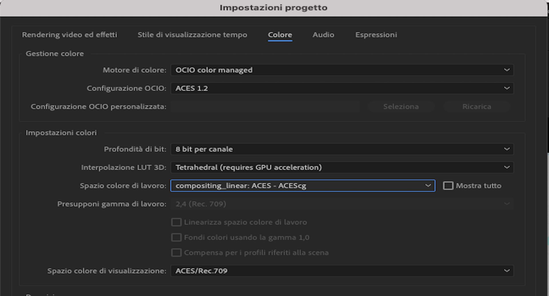 Opzioni Spazio colore di lavoro