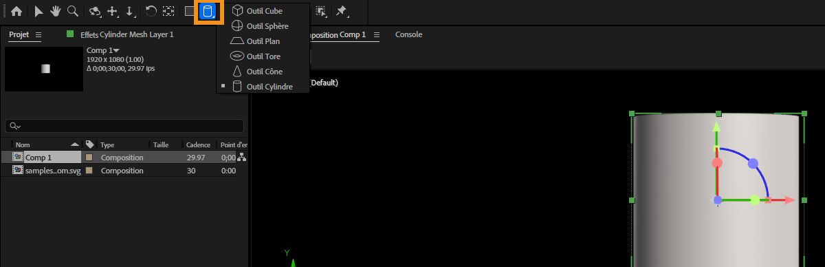 L'outil de dessin de maillage est sélectionné et il existe différents maillages paramétriques comme la sphère, le cube, le cône et le tore à choisir.