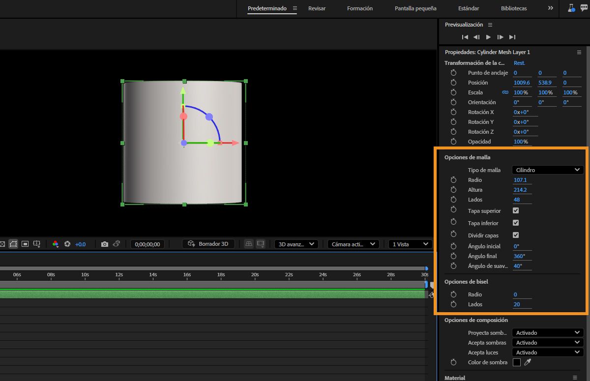La malla paramétrica Cilindro está seleccionada y en el panel Propiedades hay diferentes controles para usar en Opciones de malla y Opciones de bisel.
