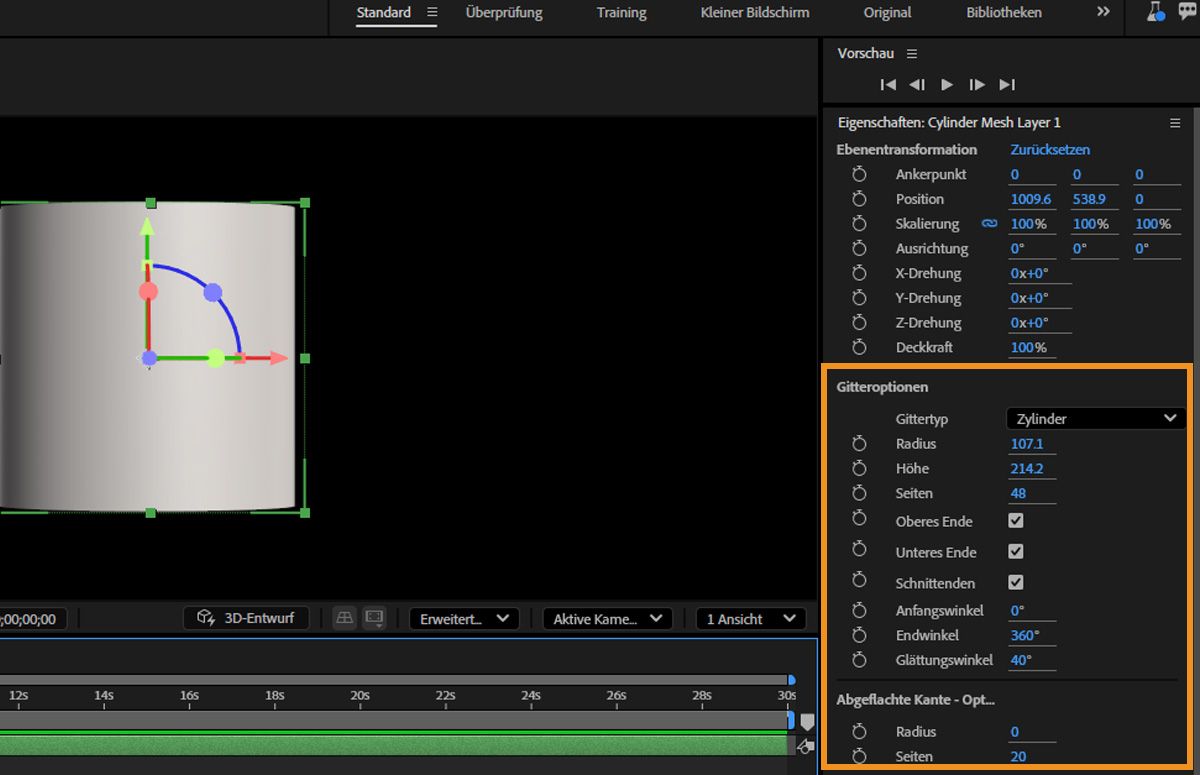 Das zylindrische parametrische Mesh ist ausgewählt und im Bedienfeld „Eigenschaften“ stehen verschiedene Steuerelemente unter „Gitteroptionen“ und „Abgeflachte Kante – Optionen“ zur Verfügung.