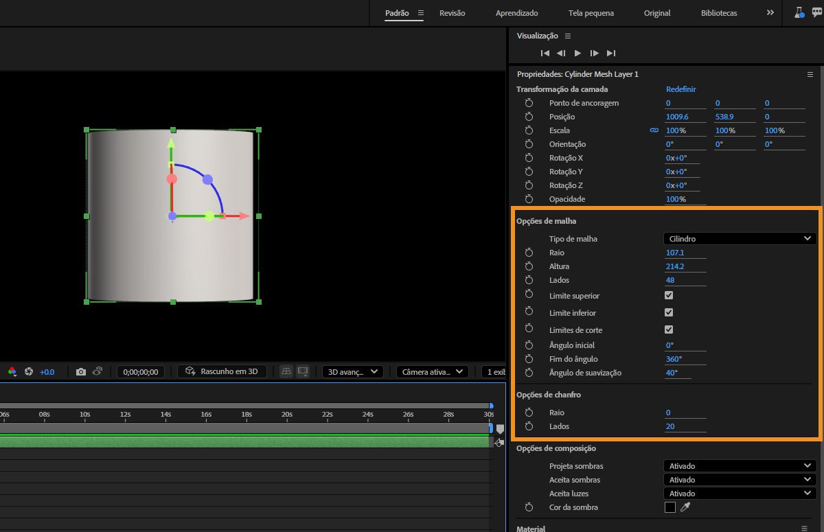 A malha paramétrica “Cilindro” está selecionada e, no painel “Propriedades”, existem diferentes controles a serem usados em “Opções da malha” e “Opções de chanfro”.