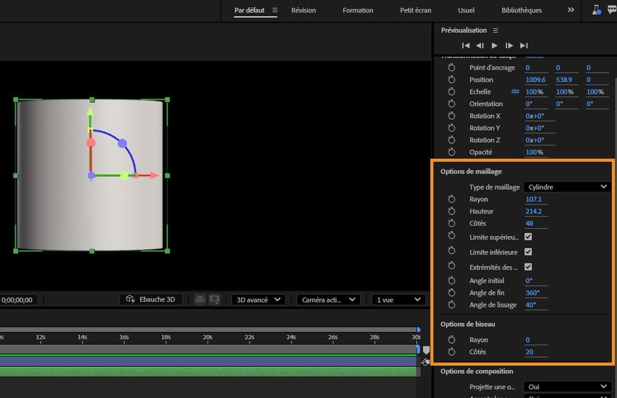 Le maillage paramétrique Cylindre est sélectionné et dans le panneau Propriétés se trouvent différents contrôles pouvant être utilisés dans Options de maillage et Options de biseau.