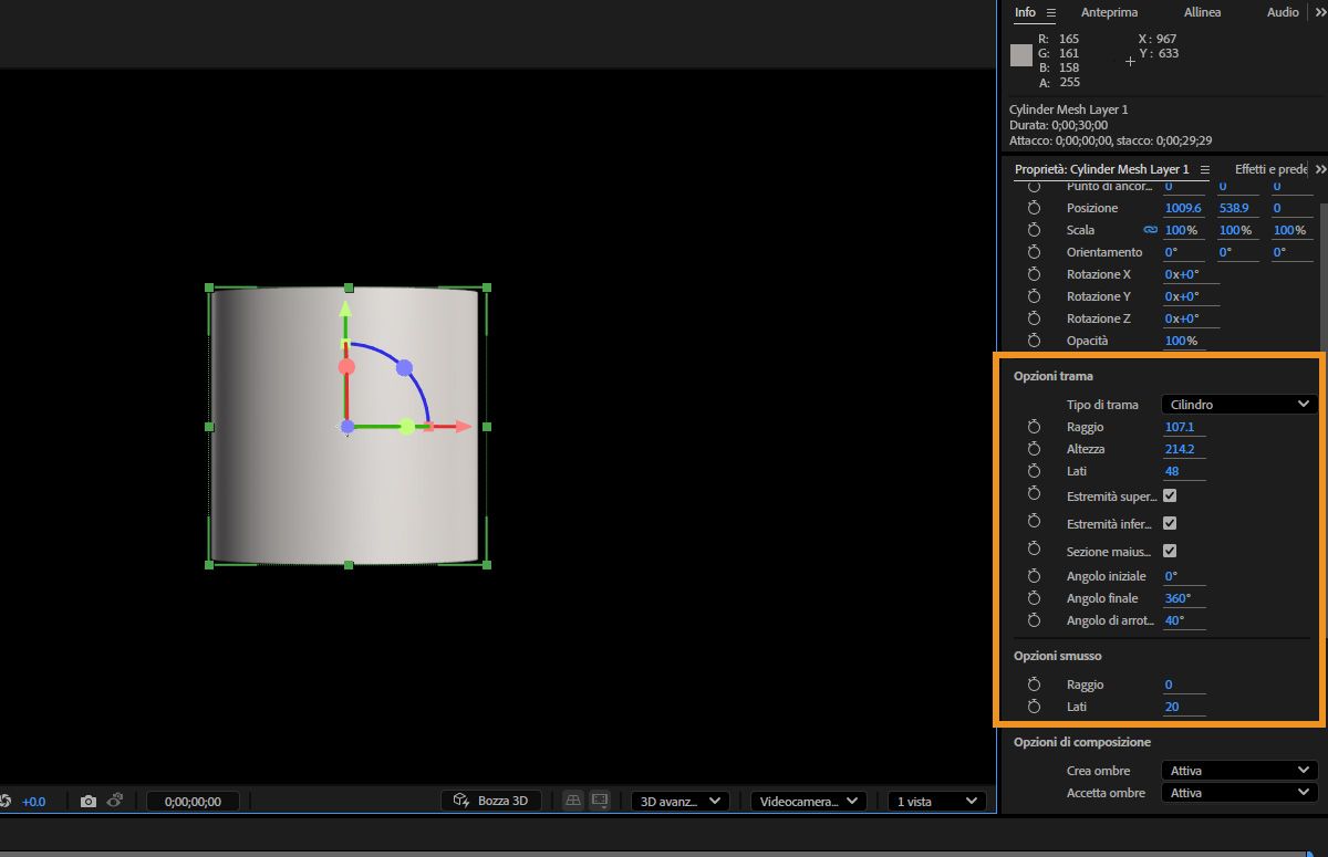 La mesh parametrica Cilindro è selezionata e nel pannello Proprietà sono disponibili diversi controlli da utilizzare in Opzioni mesh e Opzioni smusso.