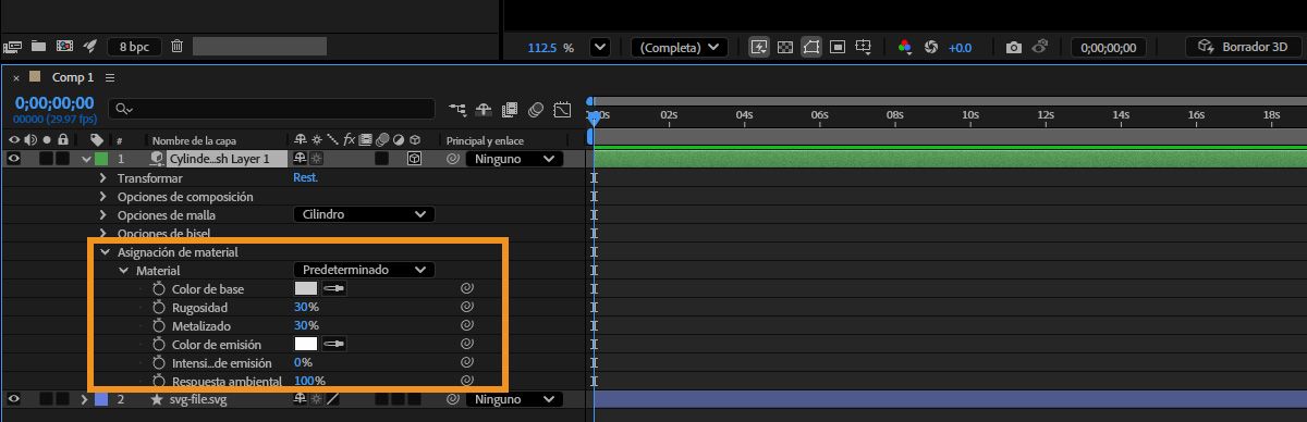 En el panel Línea de tiempo, la capa con la malla paramétrica seleccionada aparece con sus opciones de material expandidas para la edición.