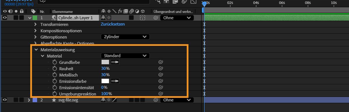 Im Bedienfeld „Zeitleiste“ wird die Ebene mit dem ausgewählten parametrischen Mesh mit erweiterter Option „Material“ zur Bearbeitung angezeigt.