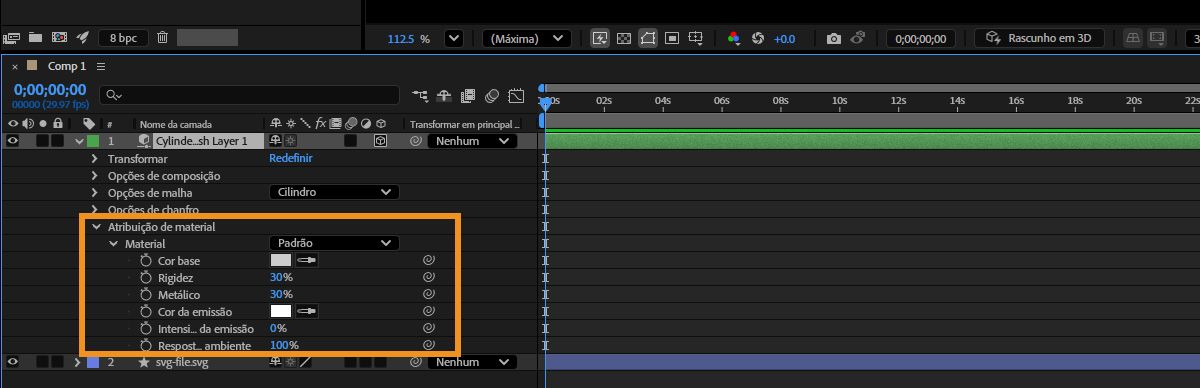 No painel “Linha do tempo”, a camada com a malha paramétrica selecionada aparece com suas opções “Material” expandidas para edição.