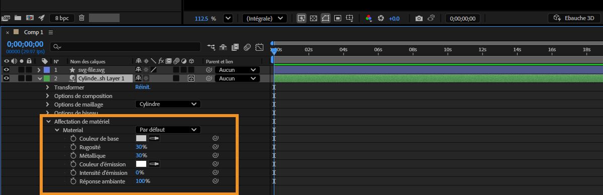 Dans le panneau Chronologie, le calque avec le maillage paramétrique sélectionné apparaît avec ses options de Matériau développées pour l'édition.