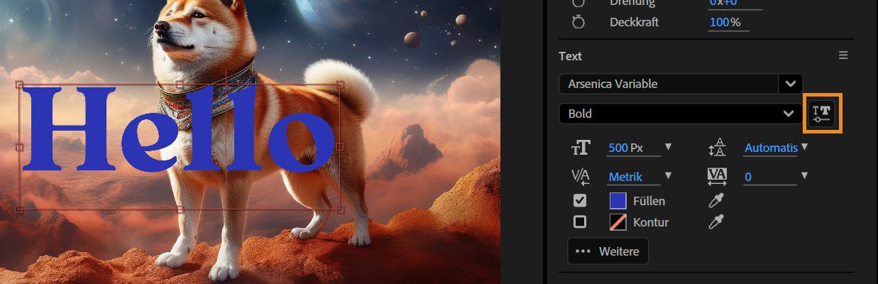 Das Symbol „Variable Schriftart“ ist ausgewählt und ein Popup-Fenster ist geöffnet, in dem alle für die ausgewählte Schriftart verfügbaren Achsen angezeigt werden.