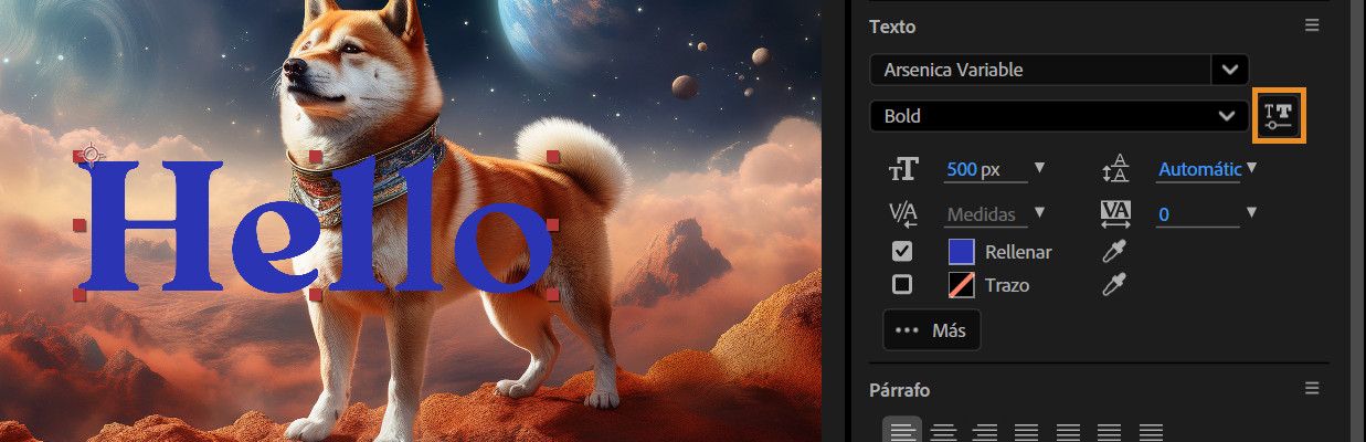 El icono de Fuente variable está seleccionado y ha abierto un elemento emergente que muestra todos los ejes disponibles para la fuente seleccionada.