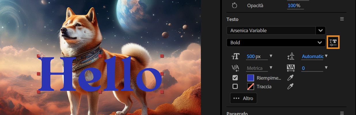 L'icona Font variabile è selezionata e ha aperto una finestra a comparsa che mostra tutti gli assi disponibili per il font selezionato.