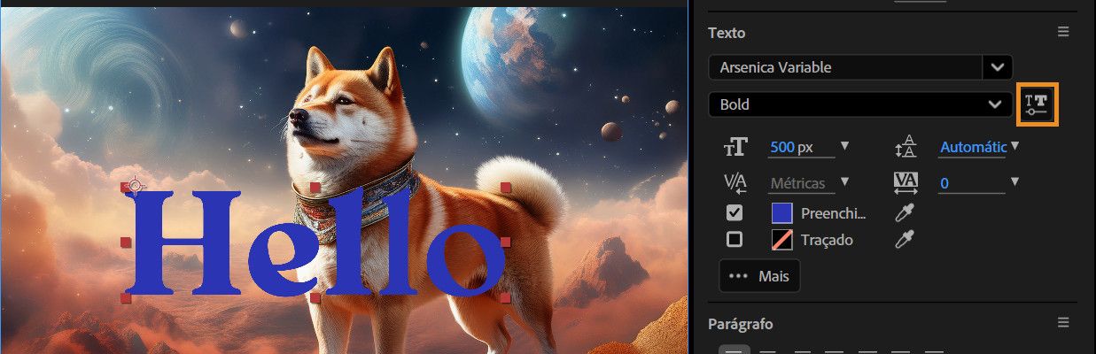O ícone de fonte variável está selecionado e abriu um pop-up que exibe todos os eixos disponíveis para a fonte selecionada.