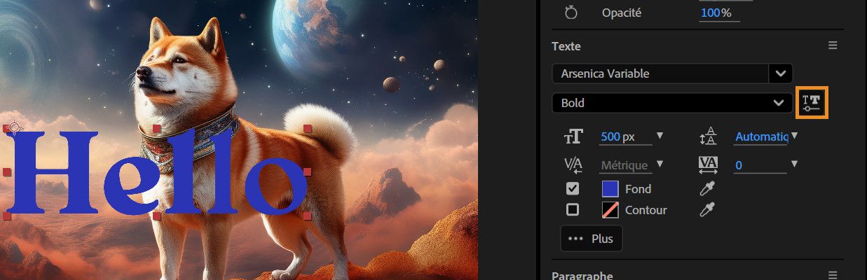 L'icône Police variable est sélectionnée et elle a ouvert une pop-up affichant tous les axes disponibles pour la police sélectionnée.