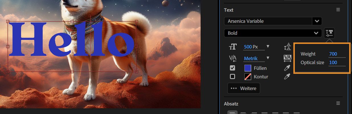 Das Popup-Fenster „Variable Schriftart“ ist geöffnet, in dem du den Wert mit dem Scrubbing-Regler anpassen kannst.