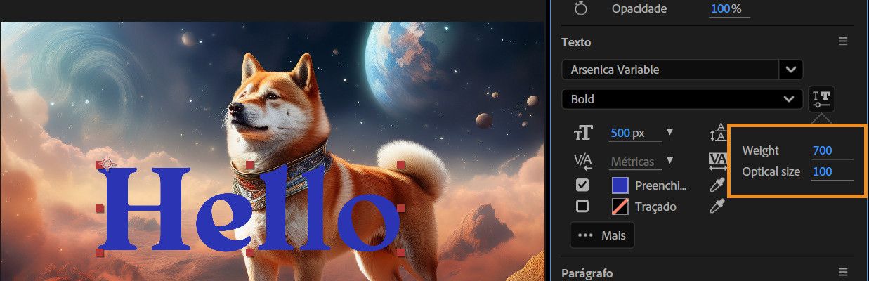 O pop-up de fonte variável está aberto, permitindo ajustar o valor com o controle de rolagem.