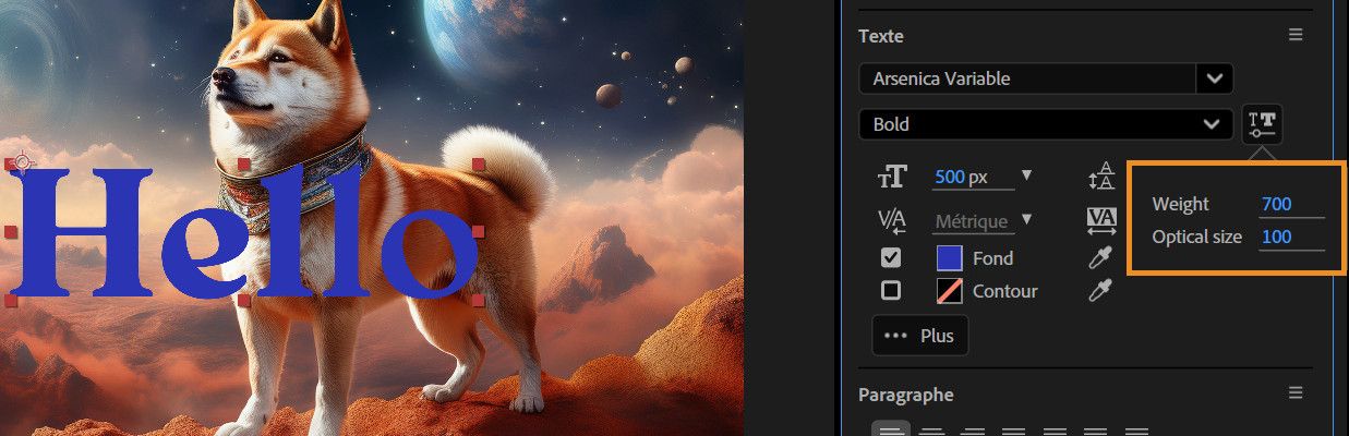 La fenêtre contextuelle Police variable est ouverte, vous permettant d’ajuster la valeur à l’aide du contrôle de défilement.