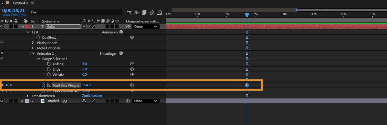 Das Bedienfeld „Zeitleiste“ zeigt die Keyframes für die Eigenschaft „Gewichtung der Schriftartachse“ der Textebene an.