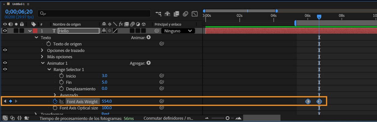 El panel Línea de tiempo muestra los fotogramas clave de la propiedad Grosor del eje de fuente de la capa de texto.