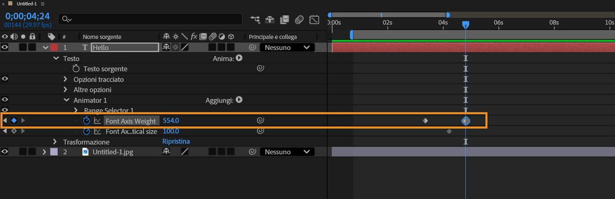 Il pannello Timeline mostra i fotogrammi chiave per la proprietà Spessore asse del font del livello di testo.