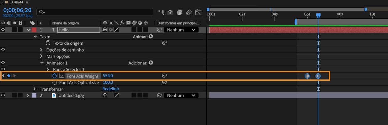 O painel Linha do tempo mostra os quadros-chave para a propriedade Peso do eixo da fonte da camada de texto.
